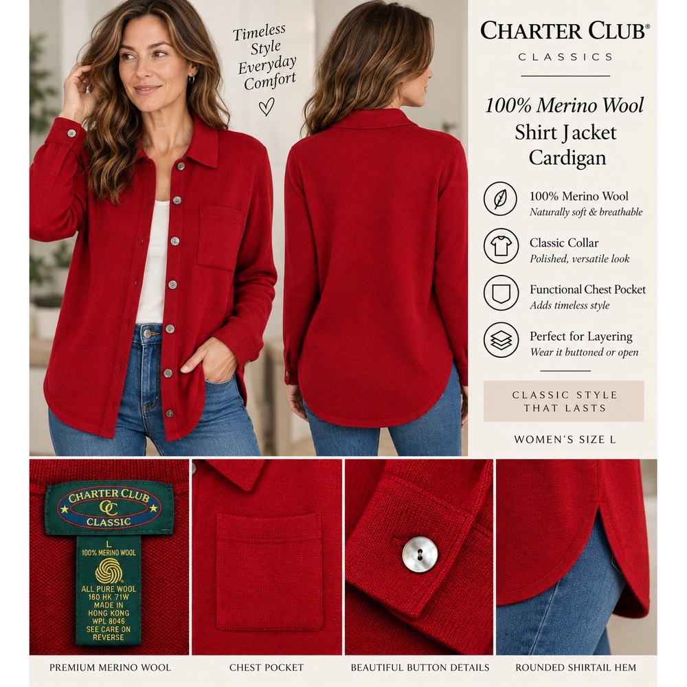 Charter Club Classic Cardigan Sweater L Red 100% Merino Wool Button Shirt Jacket
